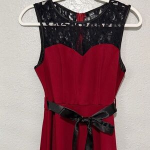 Sleeveless Lace Yoke A-Line Dress in Red and Black